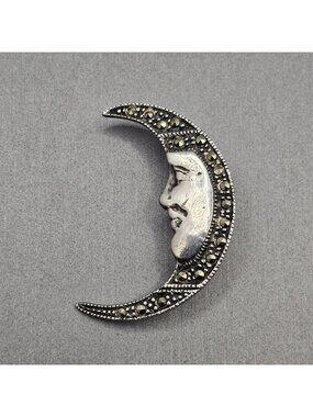 Vintage Sterling Silver Marcasite Moon Brooch Man In The Moon Face Signed FAS